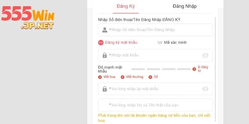 Sau khi cung cấp tài khoản hãy xác nhận để hoàn tất đăng ký 555WIN